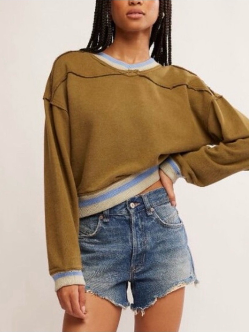 Free People Rio Sweater in Seaweed Green slouchy v neck XL